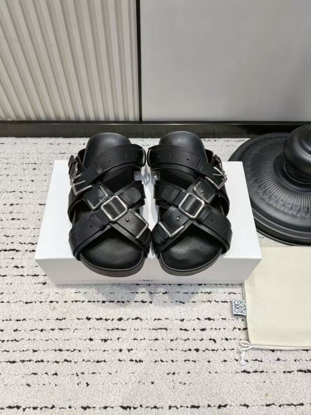 Loewe Black Leather Multi‑Buckle Platform Backless Sandals
